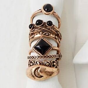 New Free People Vintage Gold and Black Ring Set